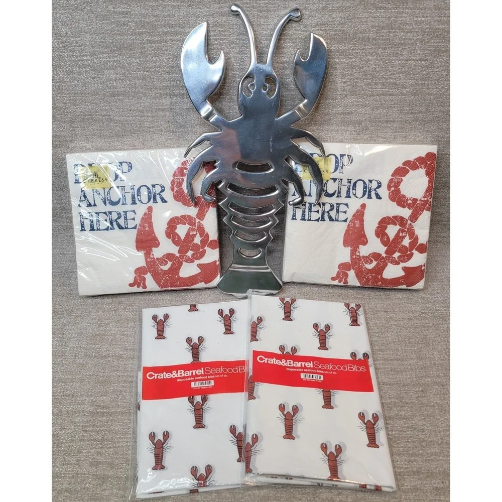 Lobster Fest Crate‎ & Barrel Bibs, Lobster Trivet & Drop Anchor Here Napkins NEW